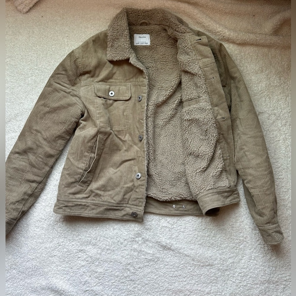 Bershka Beige Corduroy Jacket with Sherpa Lining